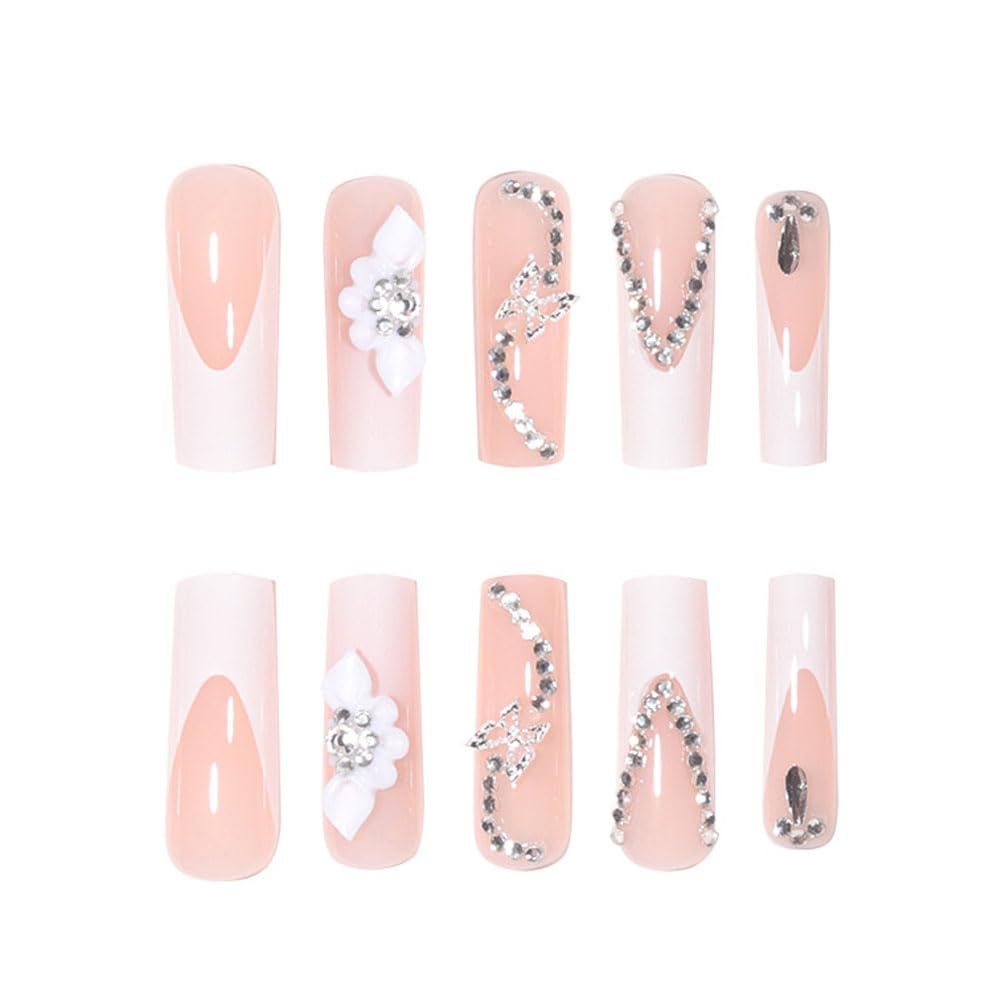 White Press on Nails Long Square BAOYAALIN, Rhinestones Fake Nails with 3D Butterfly Design Gel Glue on Nails for Women Girls Full Cover Acrylic Artificial False Stick on Nail for Wedding 24Pcs