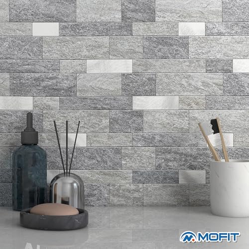 MOFIT Backsplash Tile for Kitchen Peel and Stick Stone Matte Finish,Bathroom Tiles Stickers 3D Wall Panel Linear Mosaic Marble Backsplash Waterproof(10sheets,Gray Silver) - color: Gray Silver, size: 10sheets