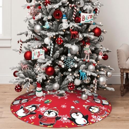 Red Cute Penguin Christmas Tree Skirt 36 Inch Xmas Tree Mat Party Decor Supplies for Holiday Home Decorations