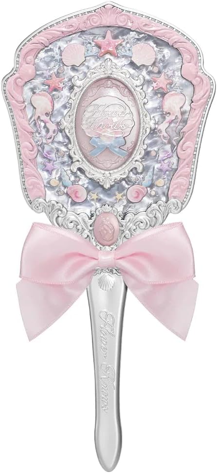 Flower Knows Shell's Jewel Hand Mirror,Vintage Portable Handheld Mirror,Fancy & Pretty Princess Mirror with Long Handle,Gift for Girls(Pink Seashell)