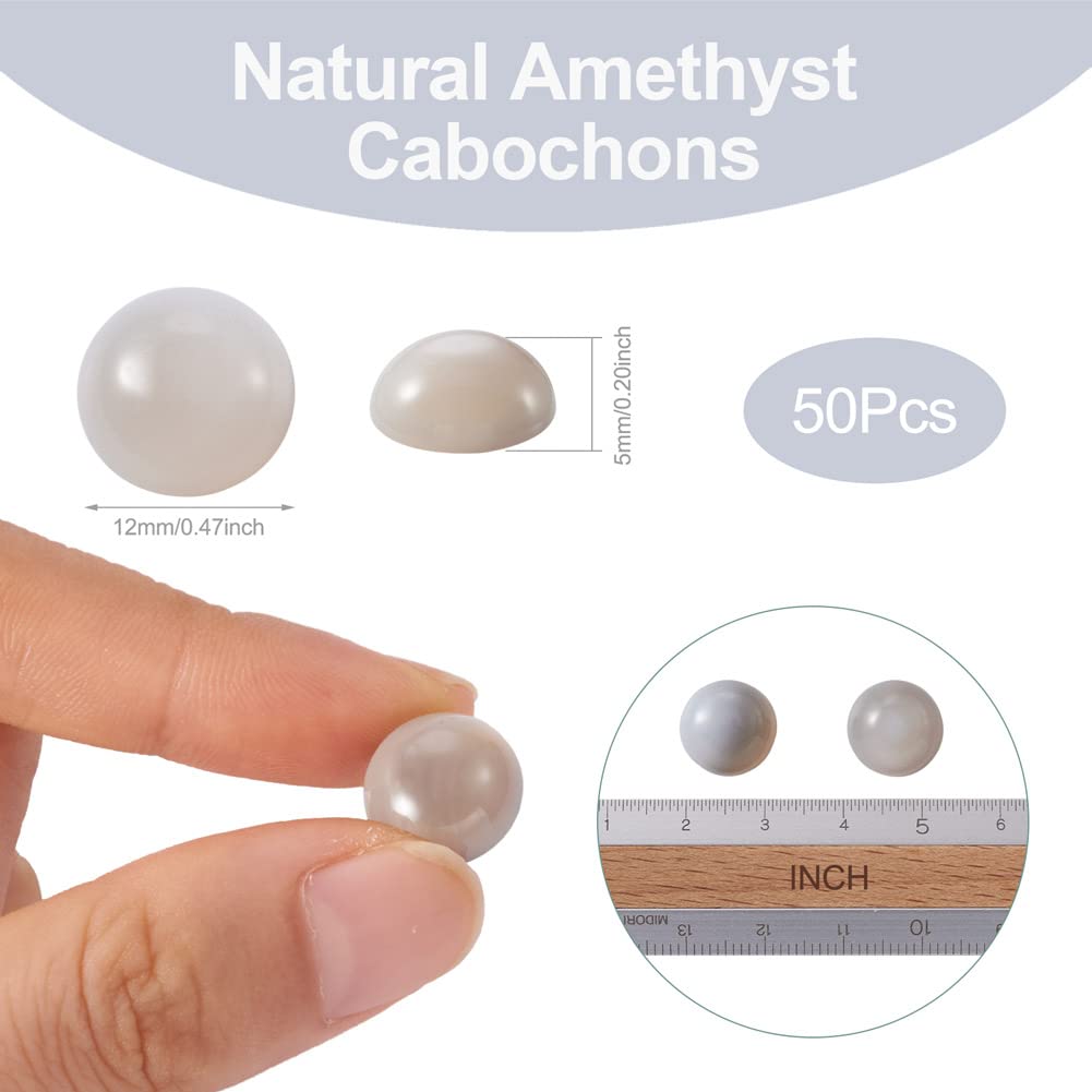 Fashewelry 50Pcs 12mm Natural Gray Agate Cabochon Stone Half Round Beads Flat Back Healing Crystal Gemstone Chakra Beads for Jewelry Crafts Making