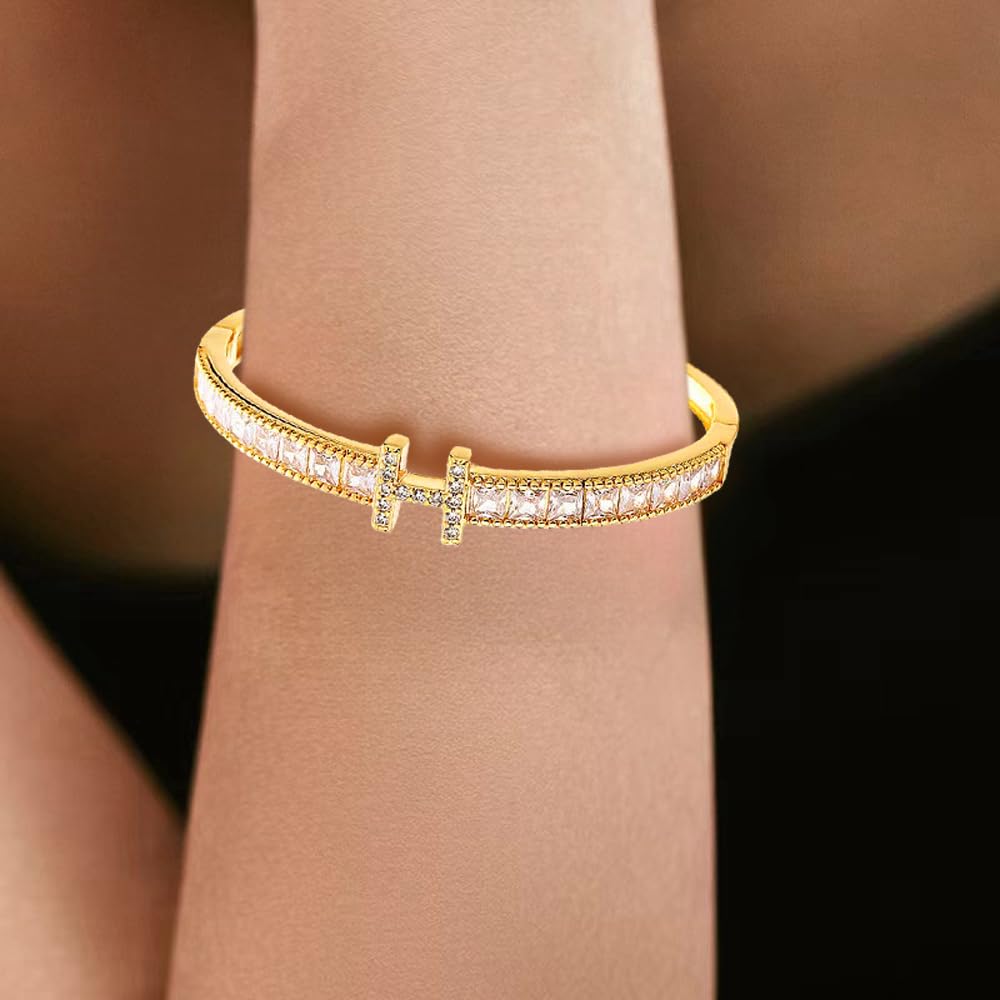 18K Gold Plated Letter H Bangle Bracelet for Women Personalized Cubic Zirconia Bracelets Love Bangles Bracelets Gifts for Her (H)