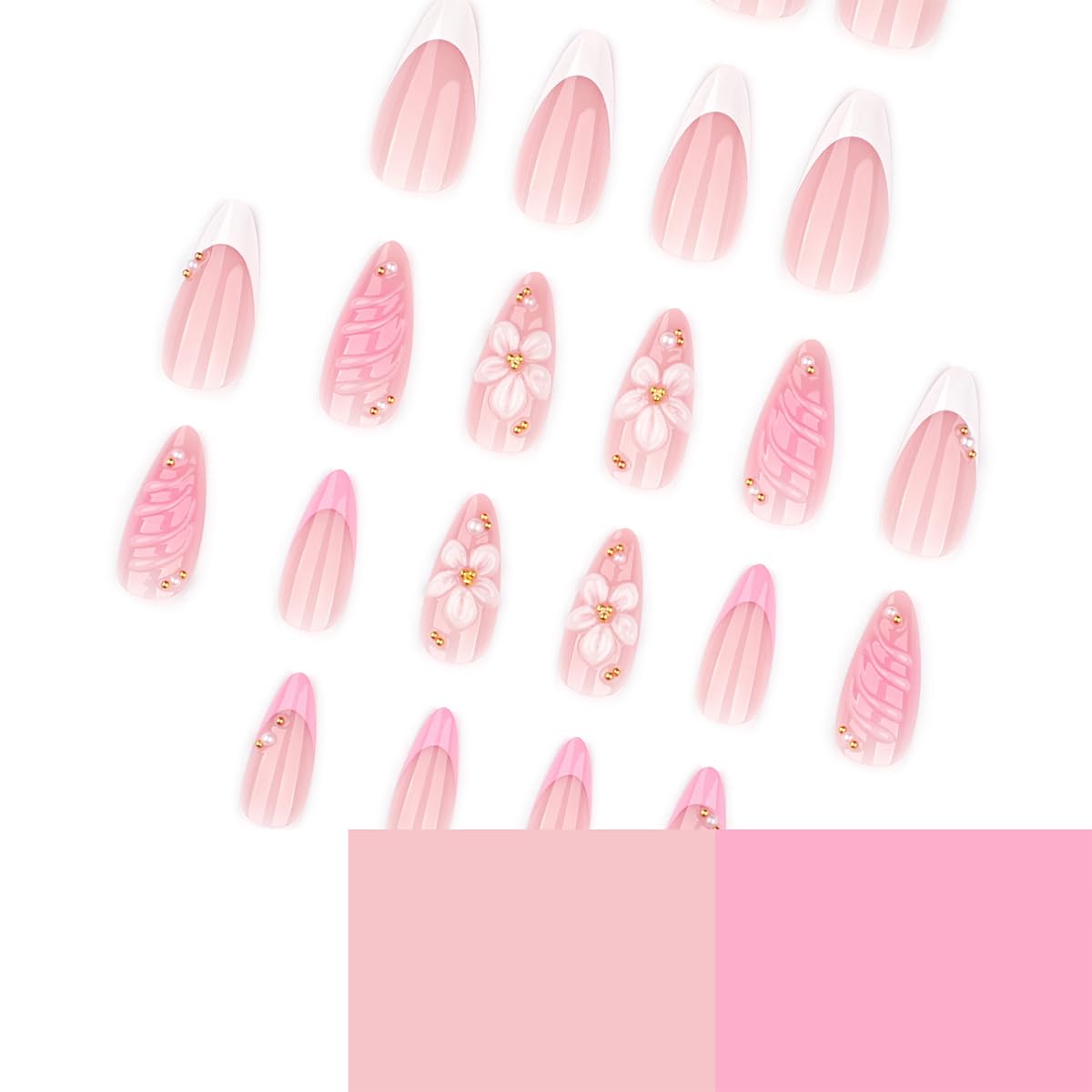 White Frech Tip Press on Nails Medium Almond Fake Nails Press ons with 3D Floral Pearl Design Spring Summer False Nails Nude Pink Reusable Acrylic Stikc on Nails for Women Maicure | 12 Sizes-24 Pcs