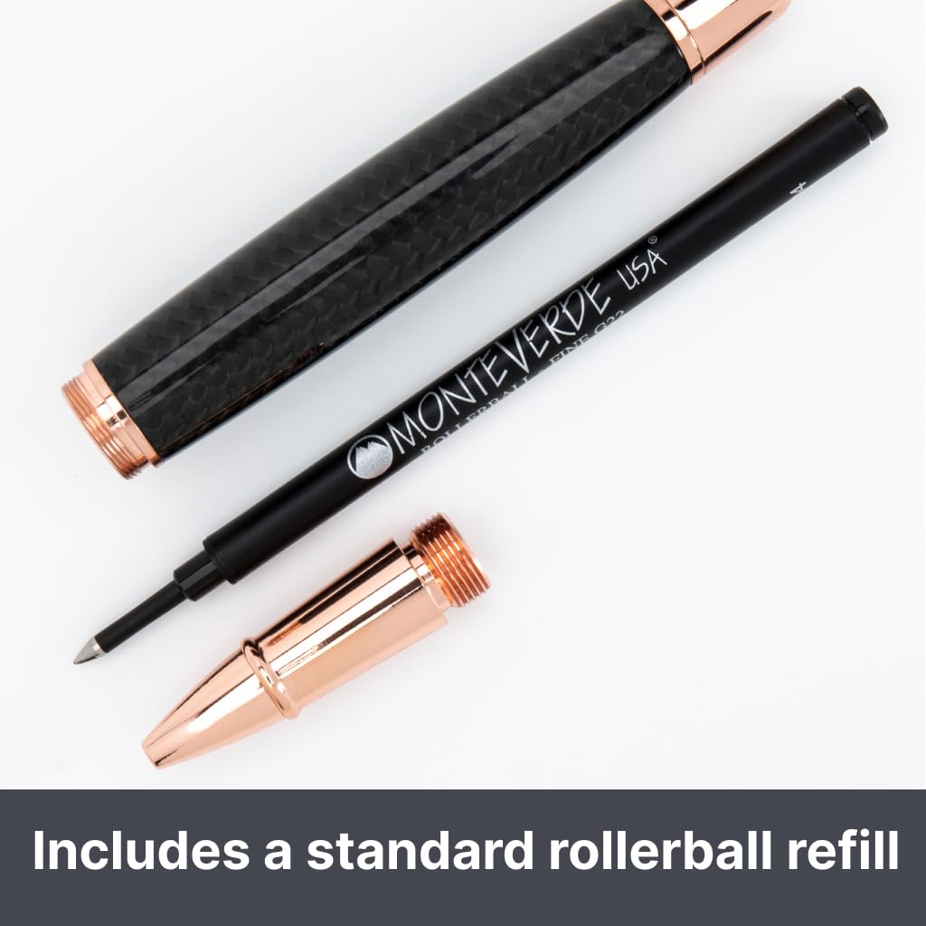 Monteverde USA Super Mega Carbon Fiber Rollerball Pen - 18K Rose Gold Plated Trim - Luxurious Carbon Fiber Body - Refillable with Standard Rollerball Refills - Durable and Elegant