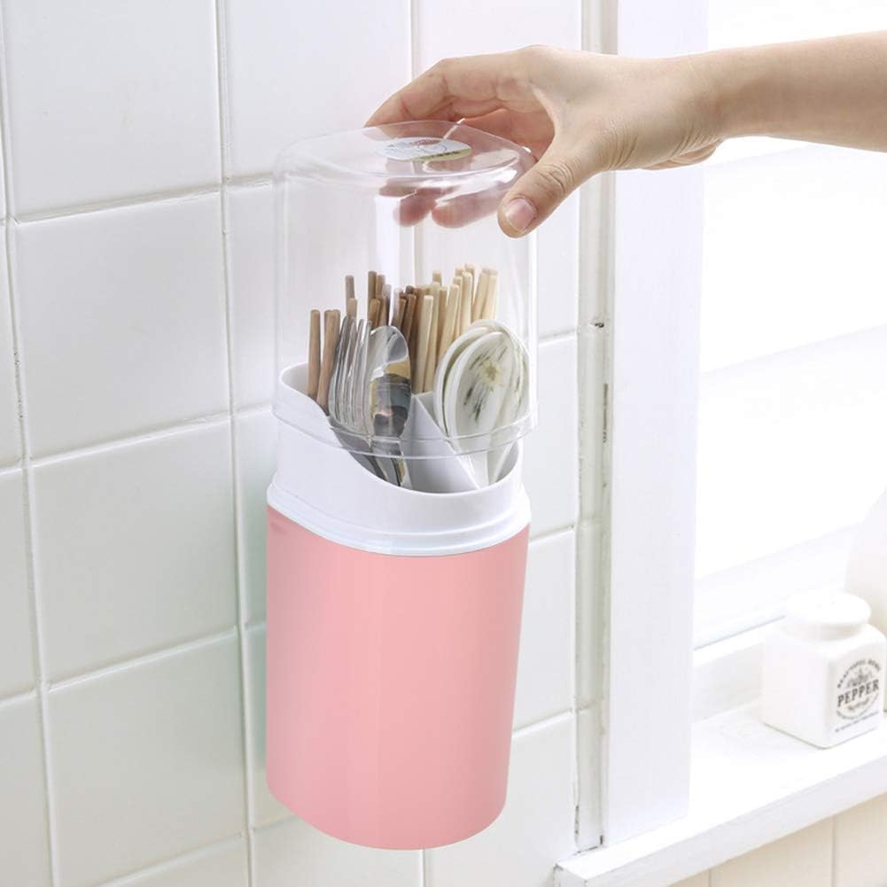 Utensil Drying Caddy, Kitchen Utensil Holder, Chopsticks Holder Drying Rack with Cover 4 Slots Cutlery Storage Organizer for Forks Spoons Cutlery Caddy Bin(Pink)