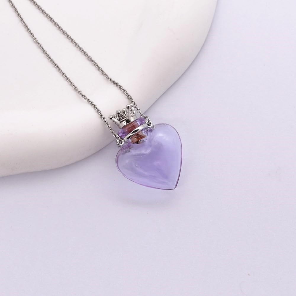 Glaze Glass Heart-Shaped Refillable Essential Oil Necklace Pendant - Aromatherapy Perfume Diffuser Pendant with Stainless Steel Chain (Purple)