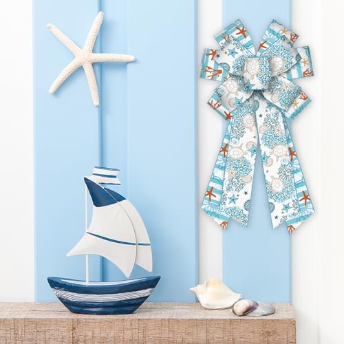 Large Summer Wreath Bows - Linen Sea Ocean Burlap Blue Sea Turtle Coral Ribbon Bows for Ocean Theme Decor Indoor Outdoor Tree Topper Wreath Decoration Supplies