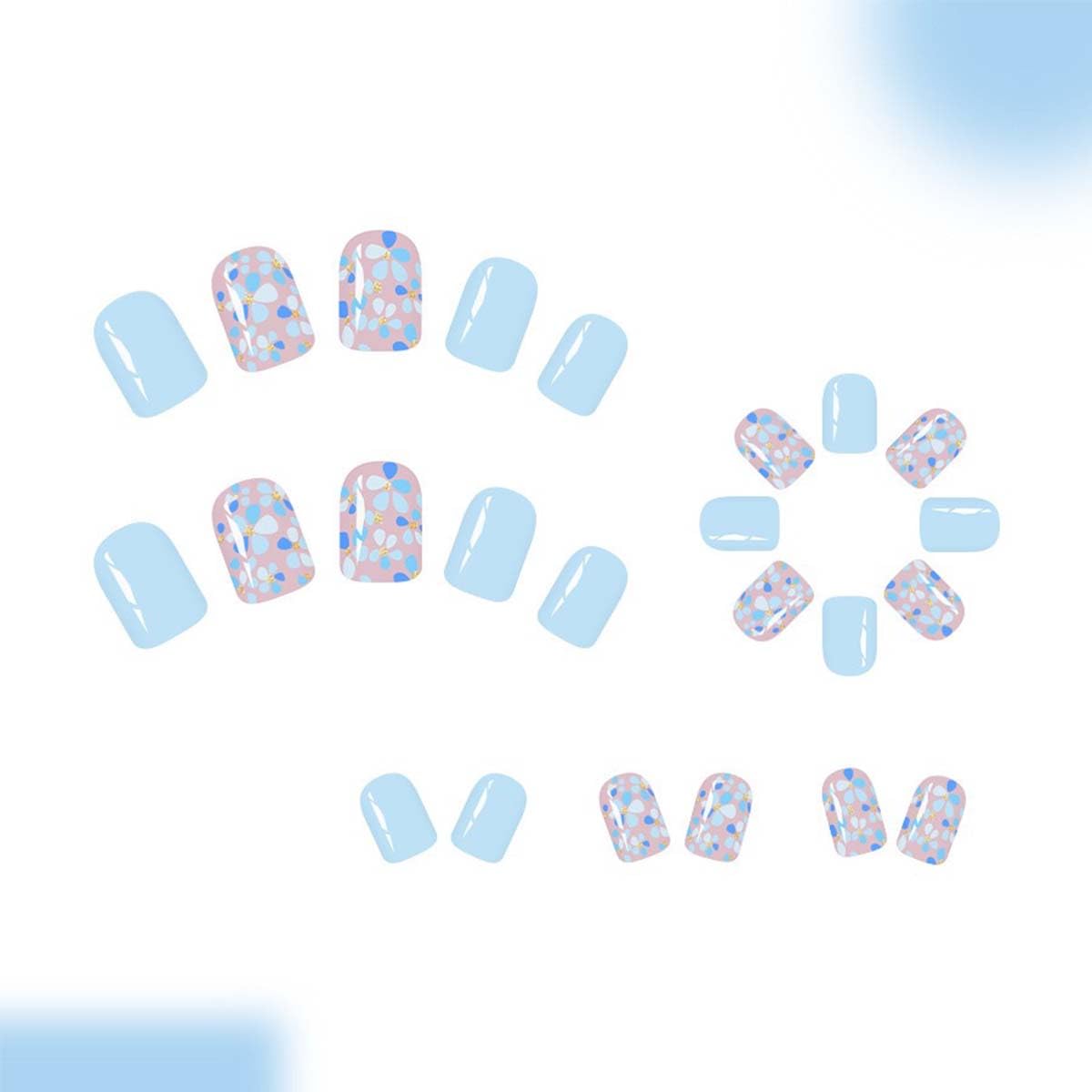 Square Press On Nails Short Fake Nails Blue False Nails With Flower Design Full Cover Acrylic Summer Glue On Nail Artificial Glossy Reusable Stick On Nail For Women 24pcs