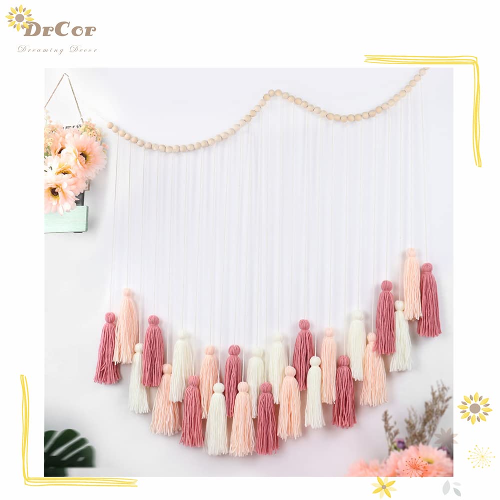 DrCor Blush Pink Boho Macrame Wall Hanging – Handmade Rose Gold Tassel Decor for Nursery, Dorm, Baby Shower, Wedding, Cozy Home or Classroom Display