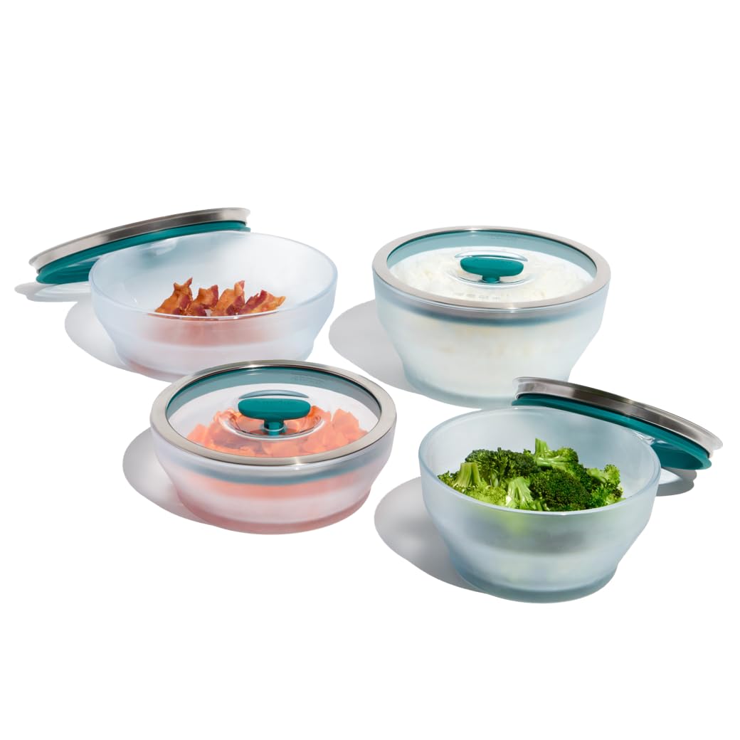 Anyday 8-Pc Microwave Cookware & Glass Food Storage Set with Glass Lids | Plastic-Free Containers | Stackable Airtight Steamer with Vented Lid for Microwave-Safe Reheating & Steaming Vegetables, Rice