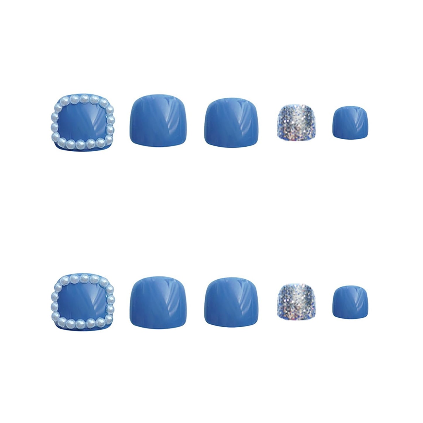 Vezocim Blue False Nails Sets, Press on Toenails Coffin with Pearl Designs, Full Cover Artificial Acrylic Fake Nails for Toe, Glue on Toenails with Charm, Stick on Toe Nails for Women