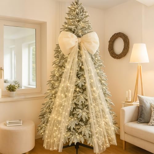 Soulchen 49 Inch Christmas Tree Topper Bow Large Tulle Ribbon,White