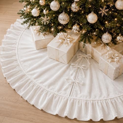 Christmas Tree Skirt,Velvet Tree Skirt with Ruffled Edge, Classic Large Velvet Fur Plush Tree Skirt for Merry Christmas(White,60Inch)