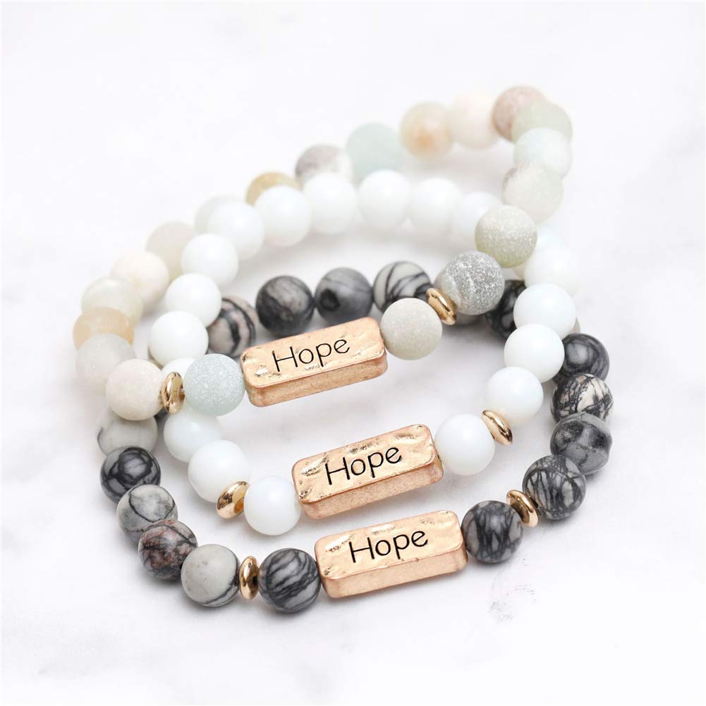 YINRIS 3 Pcs Natural Volcanic Stone Friendship Bracelets Handmade Beaded Stretch Bracelets (bra000001 (Hope)