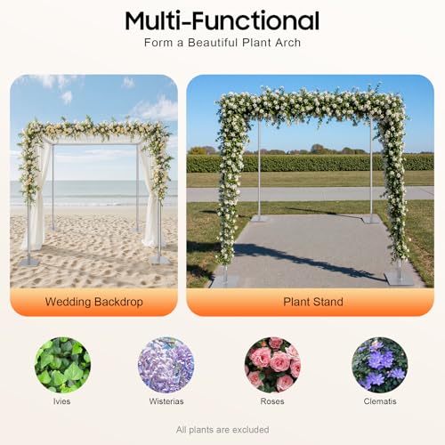 Wedding Arch Backdrop Stand, 9.84 x 9.84 Feet Adjustable Height 4 Post Hardware Kit, Portable Background Frame with Square Base for Outdoor Wedding, Birthday Party, Photo Booth Background (Silver)