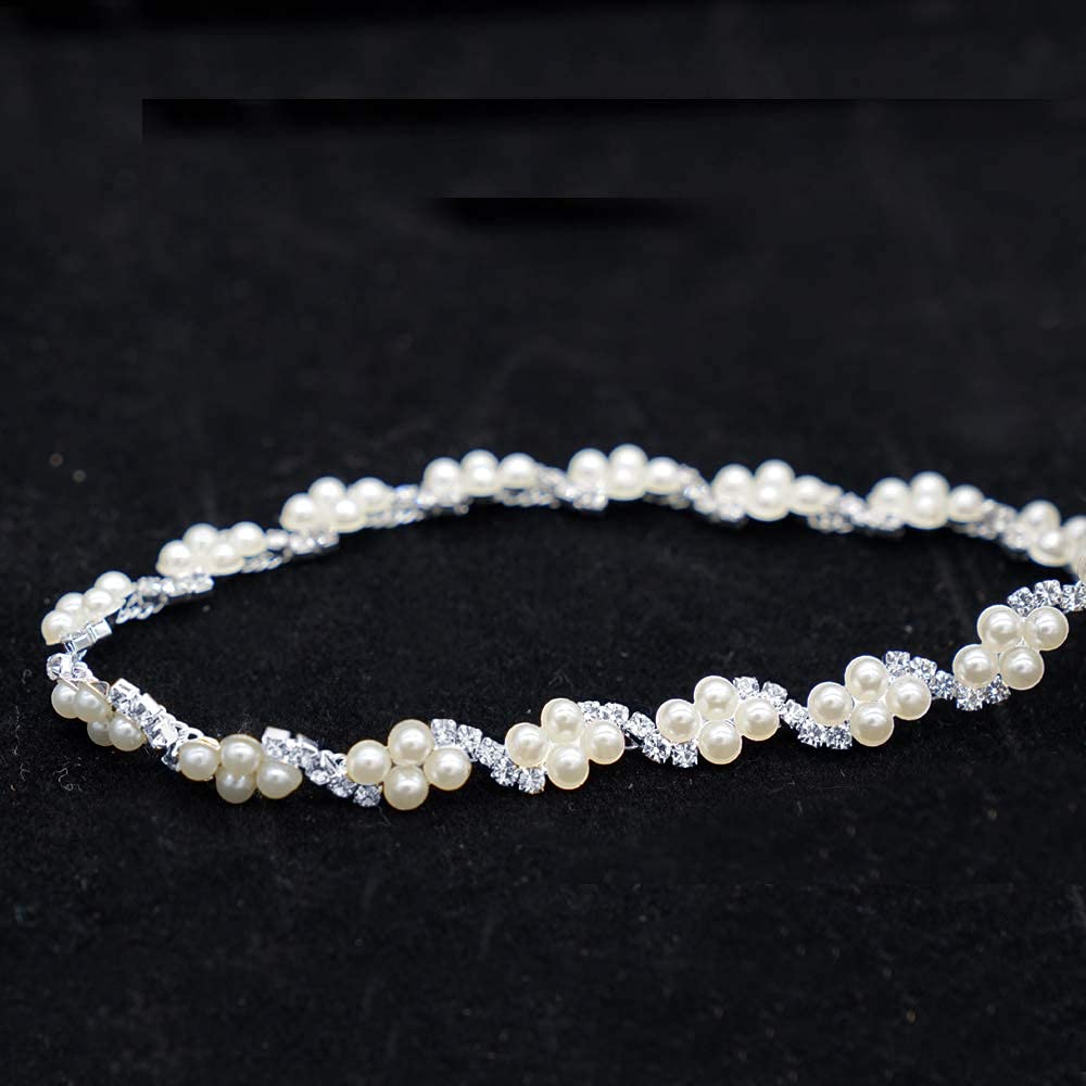 Jerler 1 Yard Pearl Rhinestone Trim, Inlaid Pearl Beaded Chain, Crystal Applique Ideal for DIY and Wedding Party Decoration Bridal Embellishments, 0.3" Width (Wave Pearl)