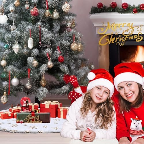 Christmas Tree Skirts 72 Inches, White Faux Fur Christmas Tree Skirt with Gold Sequin Snowflakes, Extra Large Plush Tree Skirts for Xmas Holiday Party Decorations.