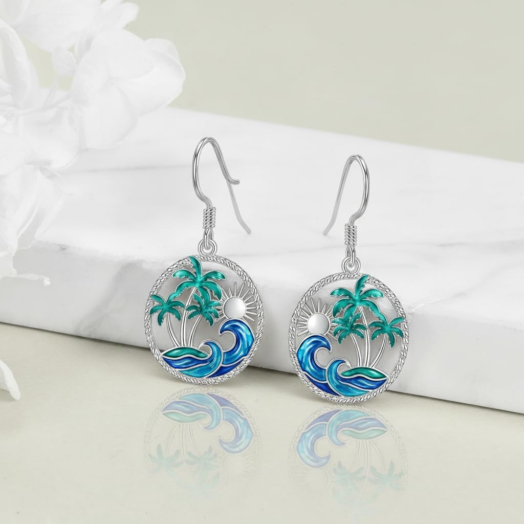 PROESS Palm Tree Earrings 925 Sterling Silver Ocean Wave Earrings Beach Jewelry Gift For Women Mother's Day