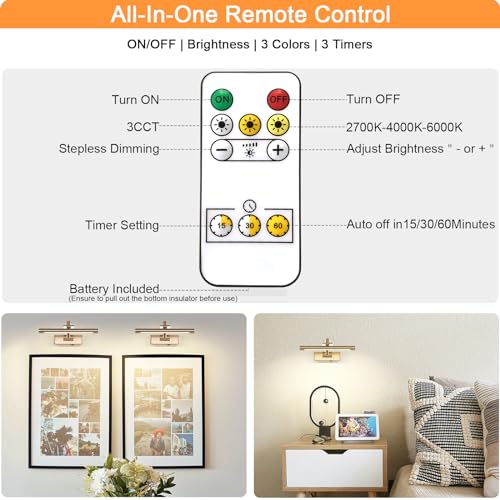 Tassuowell Rechargeable Picture Light with Remote Control,12 Inch Brass Finish Adjustable Wireless Art Lighting Fixture,Painting Lights with Timer,3 Color Temperature and Dimmable - color: Brass, size: 12inch