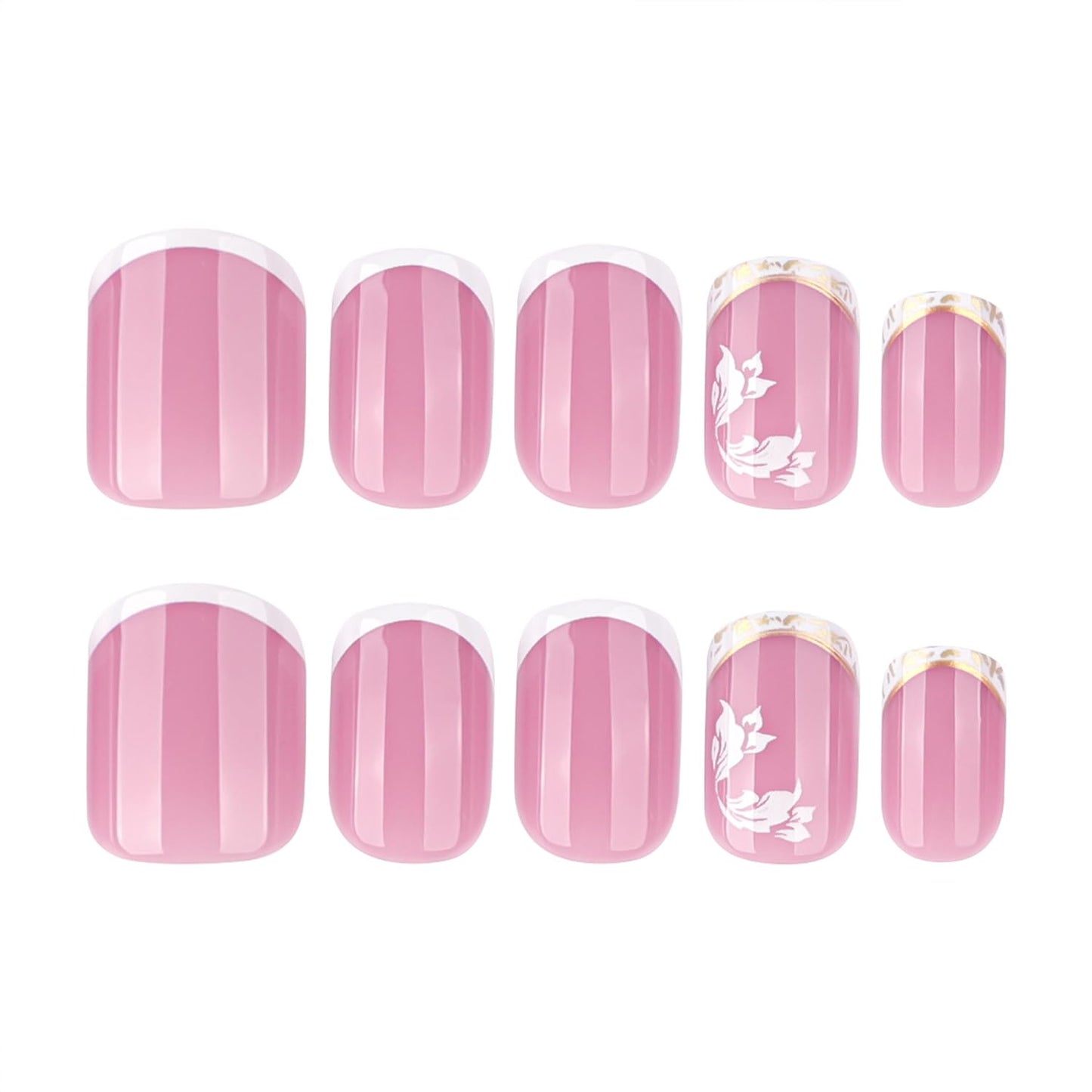 White French Tip Press on Nails Short Square Fake Nails with Flower Designs Summer Floral Glue on Nail Reusable Artificial Extra Short Acrylic Full Cover Stick on False Nail for Wedding Women 24 Pcs