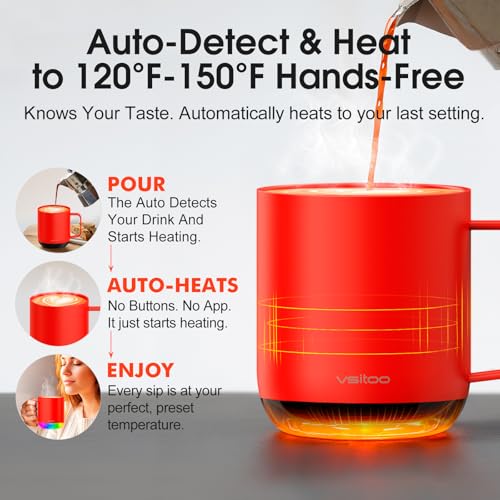 Vsitoo S6 Plus Smart Coffee Mug, 12oz,Temperature Controlled Mug & Electric Coffee Mug with Music Sync Lights，Auto-Sensing AI Heats Drinks to 120-150°F Hands-Free. Ideal for Home/Office/Gifts - Red - color: Red