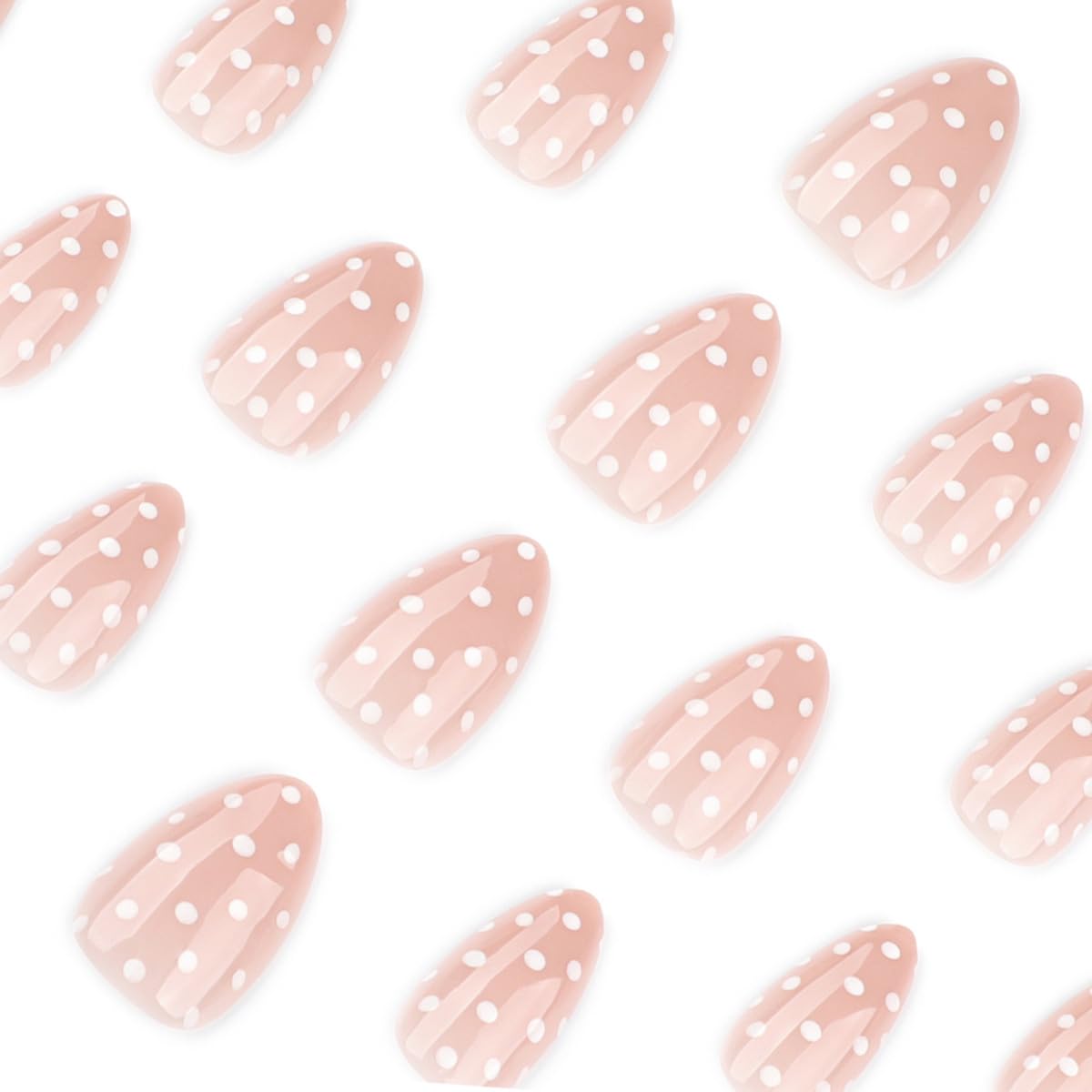 Polka Dot Press on Nails Short Almond Fake Nails Cute False Nails Press ons with White Dots Design Full Cover Stick on Nail for Women Manicure,Glossy | Reusable | Nail Sticky Tab | Easy Apply | 30Pcs