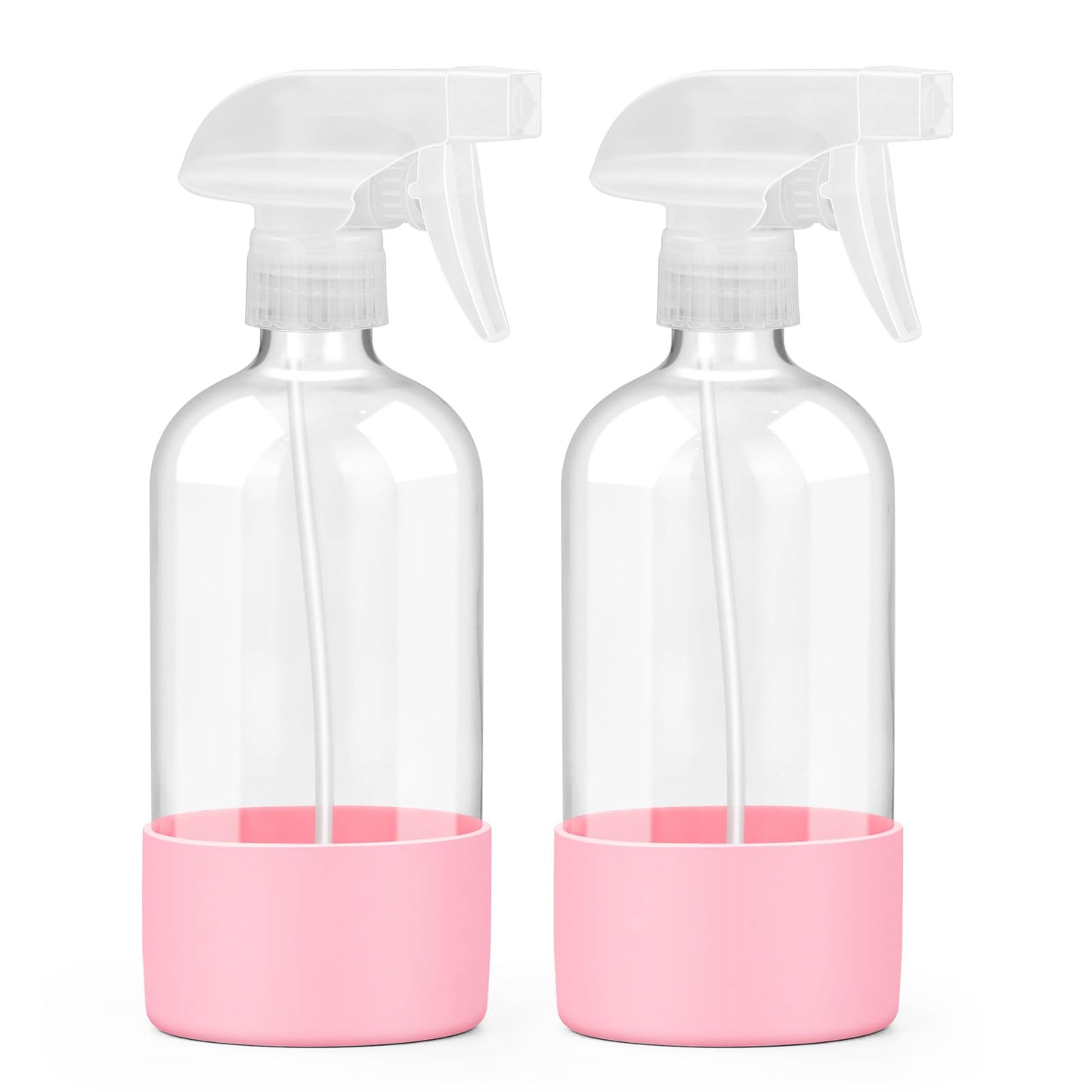 Worldgsb 2 Pack Glass Spray Bottles with Silicone Sleeve, 16 oz Empty Refillable Containers with Adjustable Spray Nozzles, Spray Bottles for Hair, Cleaning Solutions and Plants Pink
