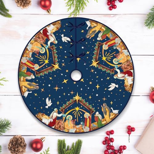 Christian Christmas Tree Skirt Religious Jesus Nativity Scene Xmas Tree Mat Navy Blue Christmas Holiday Jesus Indoor Outdoor Party Decor (48 Inches)