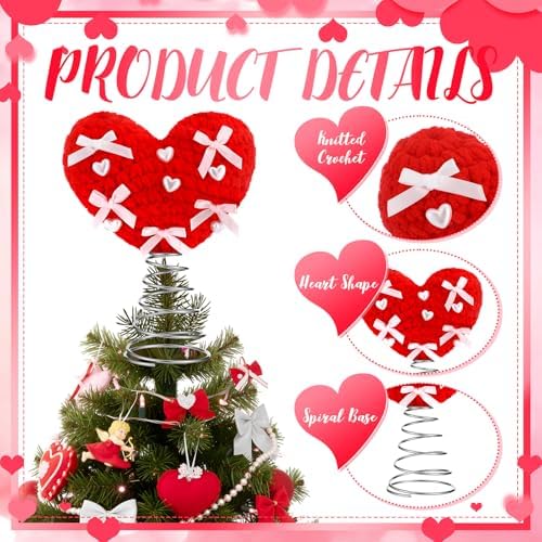 Capoda Valentine's Day Tree Topper Knitted Crochet Heart Topper for Christmas Tree Decorations Handmade Love Treetop with Red Bows for Valentine?€?s Day Holiday Wedding Party Supplies(Knitted)