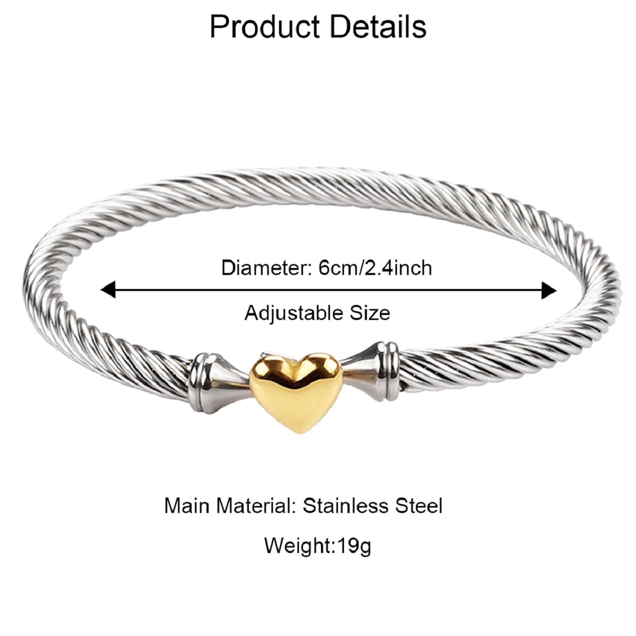 Jeolory Adjustable Twist Stainless Steel Cable Wire 14K Gold Plated Love Heart Charm Bracelets Friendship Open Bangle Wrist Cuff for Women Men