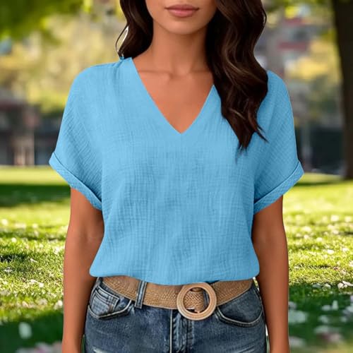 Womens Shirts Cotton Linen v Neck Short Sleeve Blouses Casual Loose Fit Textured Summer Pullovers Daily Wear - color: A01-light Blue, size: X-Large