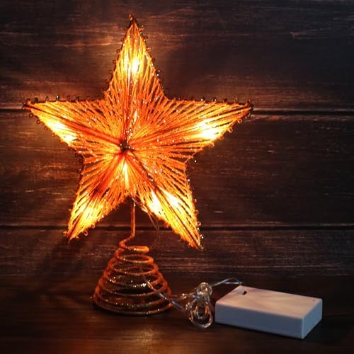 CVHOMEDECO. Orange Glittered 3D Tree Top Star with Warm White LED Lights and Timer for Christmas Tree Topper Decoration and Holiday Seasonal D??cor, 8 x 10 Inch