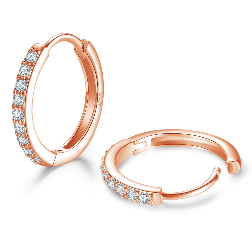 Rose Gold Hoop Earrings Sterling Silver Stud Earrings for Women 6 Pairs Hypoallergenic Tiny Cubic Zirconia Stud Set Cartilage Earring Hoops 8mm 10mm 12mm