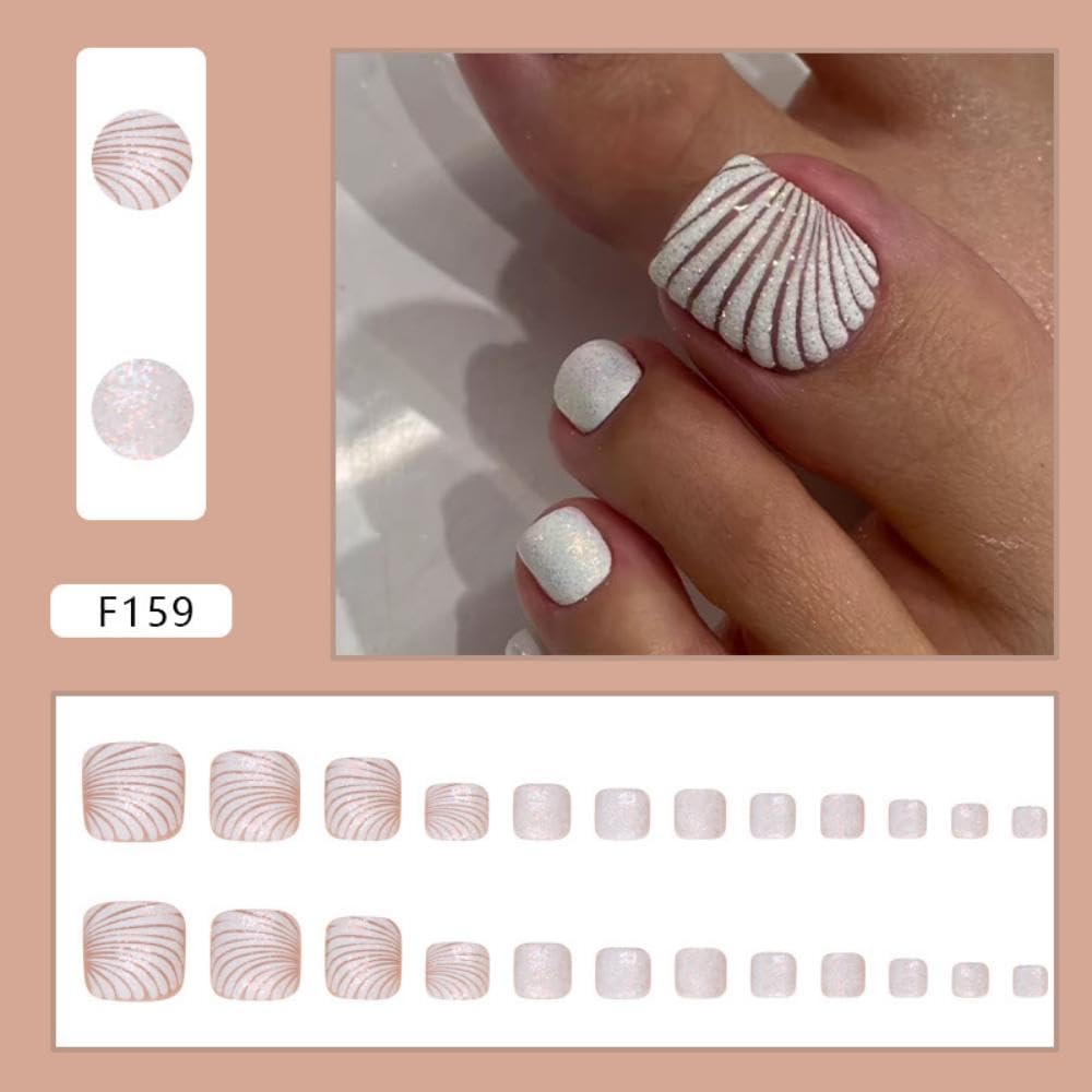 Sevgob White Press-On Short Square False Toenails, 24pcs (Full Cover Nail, Glossy, Plastic, Round, Full Well Tips, Pattern: Seashell)