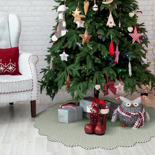 45 Inch Christmas Tree Skirt Vintage Green Plaid Floral Block Print Tree Skirts with Scalloped Edge, Classic Xmas Tree Skirt for Merry Christmas Party Holiday Home Farmhouse Indoor Outdoor Decorations