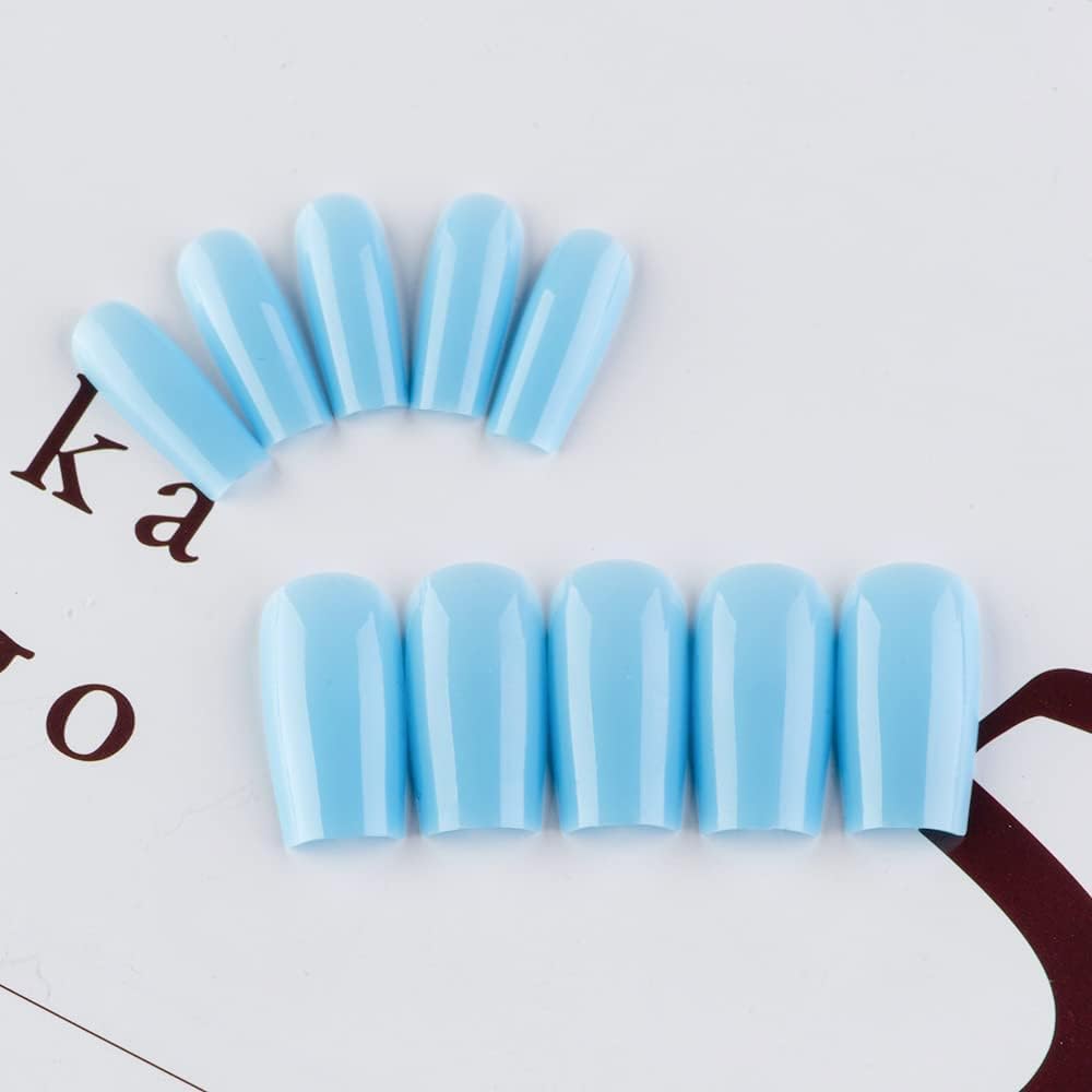 Baby Blue Press On Nails Medium Long Square, Xcreando Medium Coffin Nails Acrylic Press ons Glue on Nails Long Length, Solid Color Fake Nail for Women, Natural Thick Artificial Nail Stick on