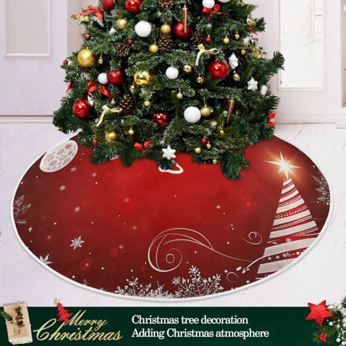 Christmas Tree Skirt 36" Winter White Snowflake Red Ball Xmas Tree Skirts Mat Round Pad for Happy New Year Holiday Party Supplies Rustic Ornaments Indoor Home Decor