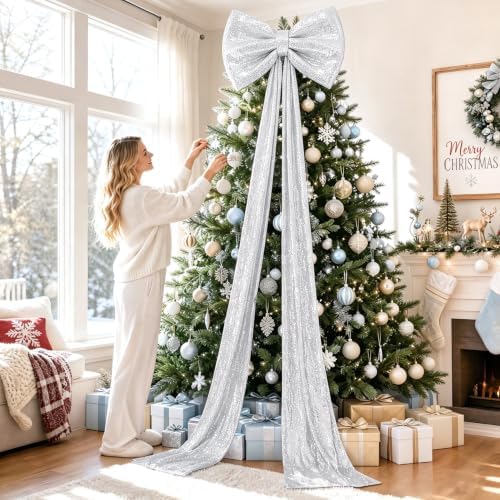 Giant Bow Decoration Silver Sequin Christmas Tree Bow 75 x 23 Inch Sparkle Large Bow with Long Ribbon Coquette Big Bows Decor for Xmas Tree Topper Mantel Display Holiday Porch Trim