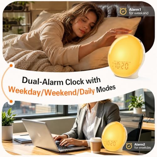 JALL Full-Screen Wake Up Light Sunrise Alarm Clocks for Bedrooms, White Noise Machine for Heavy Sleepers, 25 Natural Sounds, Dual Alarms, FM Radio, 17 Dimmable Colors, Bluetooth Speaker