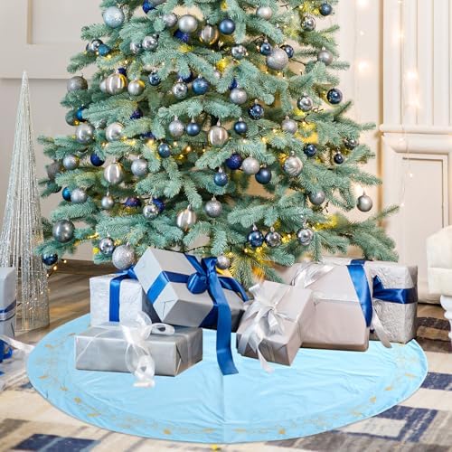 48inch Christmas Tree Skirt Blue Luxury Velvet Plush Fur Skirts with Gold Embroidery Xmas Velvet Tree Skirt Holly Leaves Gold Embroidered Trees Skirts for Christmas Holiday Party Decorations