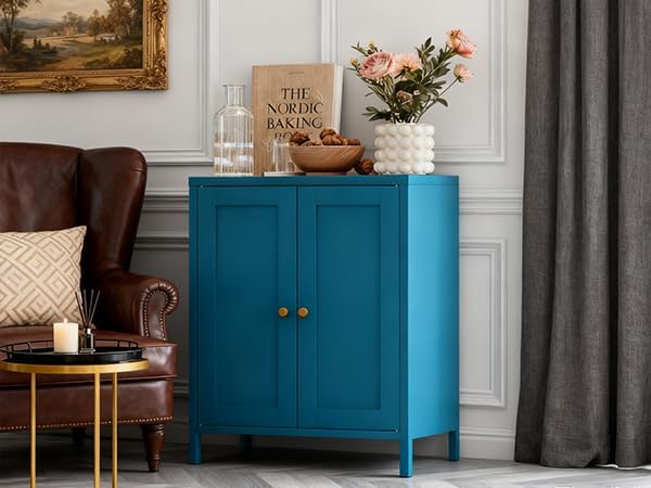 Coffee Bar Cabinet, Metal Sideboard Buffet Cabinet,Metal Storage Cabinet with 2 Doors and Adjustable Shelves for Kitche, Living Room, Entryway, Bathroom,Office (Blue, 31.5" H)