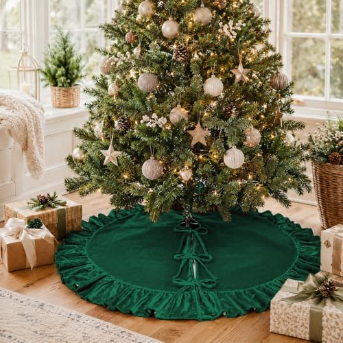 Christmas Tree Skirt,Velvet Tree Skirt with Ruffled Edge, Classic Large Velvet Fur Plush Tree Skirt for Merry Christmas(DarkGreen,48Inch)