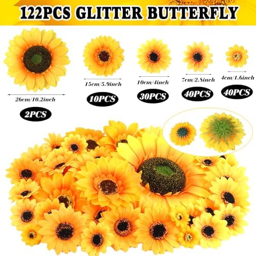 Crowye 124 Pcs Christmas Sunflower Tree Ornaments Yellow Sunflower Christmas Decorations Big Artificial Sunflowers Tree Topper Mini Sunflower Ornaments Bulk with 2 String Lights for Christmas Tree
