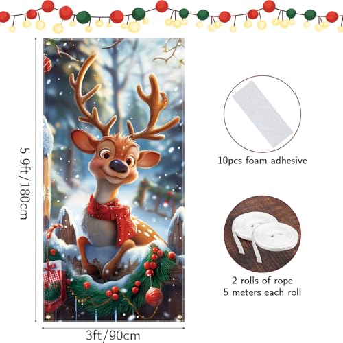 FINGOOO Christmas Door Cover Reindeer Decorations, 6Ft x 3Ft Cute Front Door Xmas Decorations Festive Fabric Door Covers Photo Booth Props