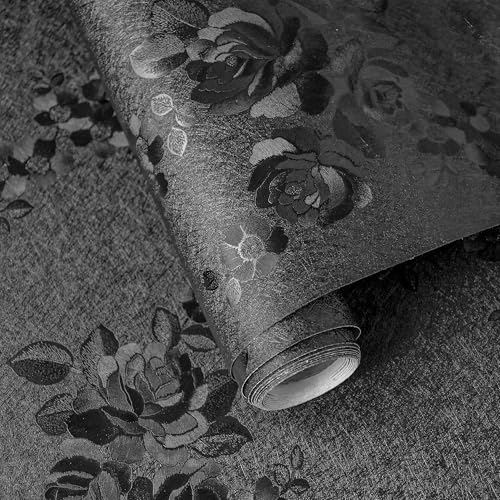 Black Peel and Stick Wallpaper Silk Embossed Floral Contact Paper for Cabinets Drawer Furniture Textured Flower Removable Wallpaper for Kitchen Bathroom Waterproof Thicken Vinyl 275inL 17.7inW - color: Black, size: 17.7" x 275.6"