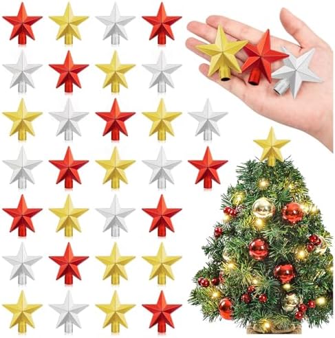 30Pcs Small Christmas Tree Topper, Mini Tree Topper Stars, 2.36 Inch Christmas Red Gold Silver Star Trees Top for Xmas Holiday Trees Ornament Home Decor