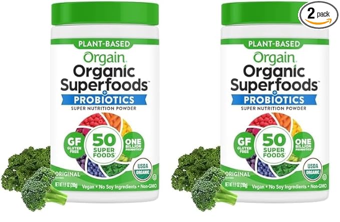 Orgain Organic Greens Powder + 50 Superfoods, Original - 1 Billion Probiotics for Gut Health, Antioxidants, Vegan, Plant Based, Gluten Free, Non GMO, Dairy Free Juice & Smoothie Mix - 0.62lb