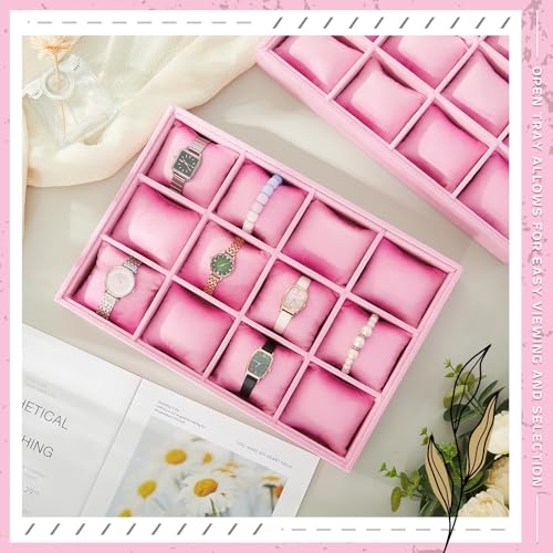 Henoyso 2 Pieces 12 Grid Velvet Watch Tray Jewelry Organizer Stackable Watch Bracelet Bangle Display Holder Adjustable Pillow(Pink) - color: Pink, size: 12 Grid