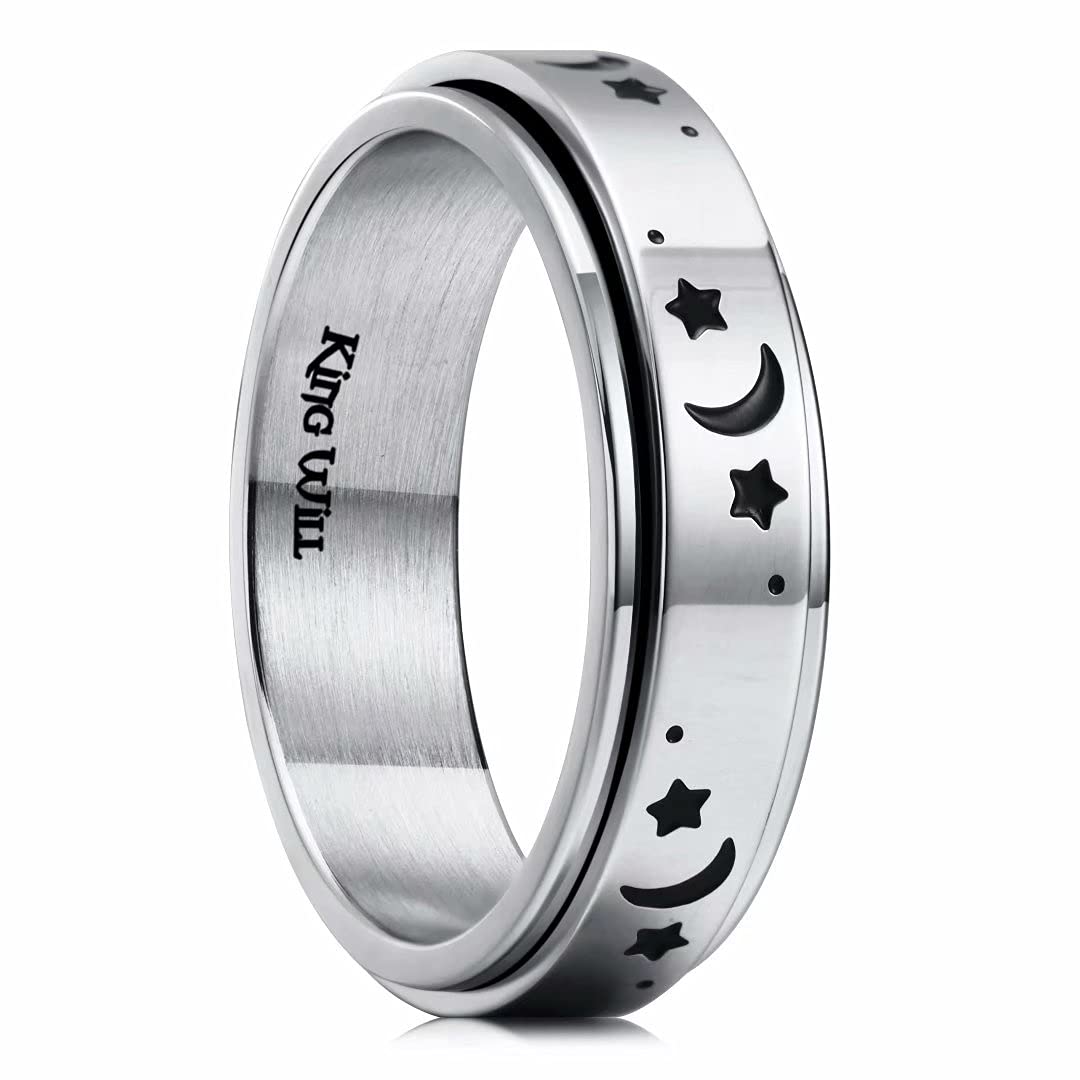 King Will 6mm Silver Stainless Steel Ring Spinner Ring Moon Star Fashion Anxiety Relief Rotatable Wedding Ring For Men Women 9