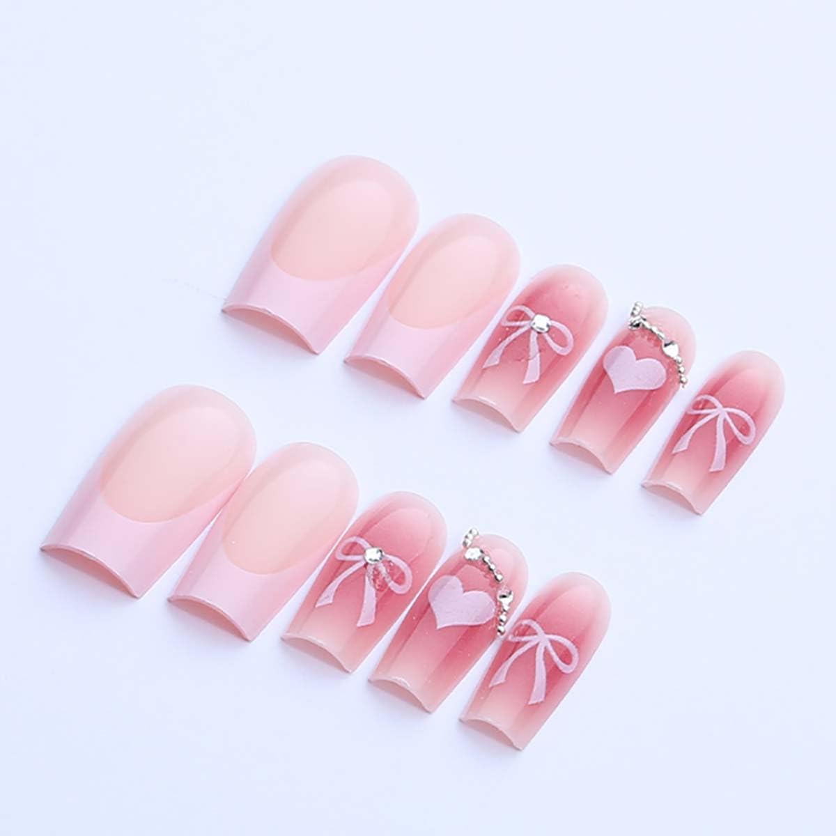 24Pcs French Tip Press on Nails Medium Square Fake Nails Heart Bow Design with Rhinestones Glue on Nails Valentines Glossy False Nails for Women Valentines Nail Decoration for Women Gift